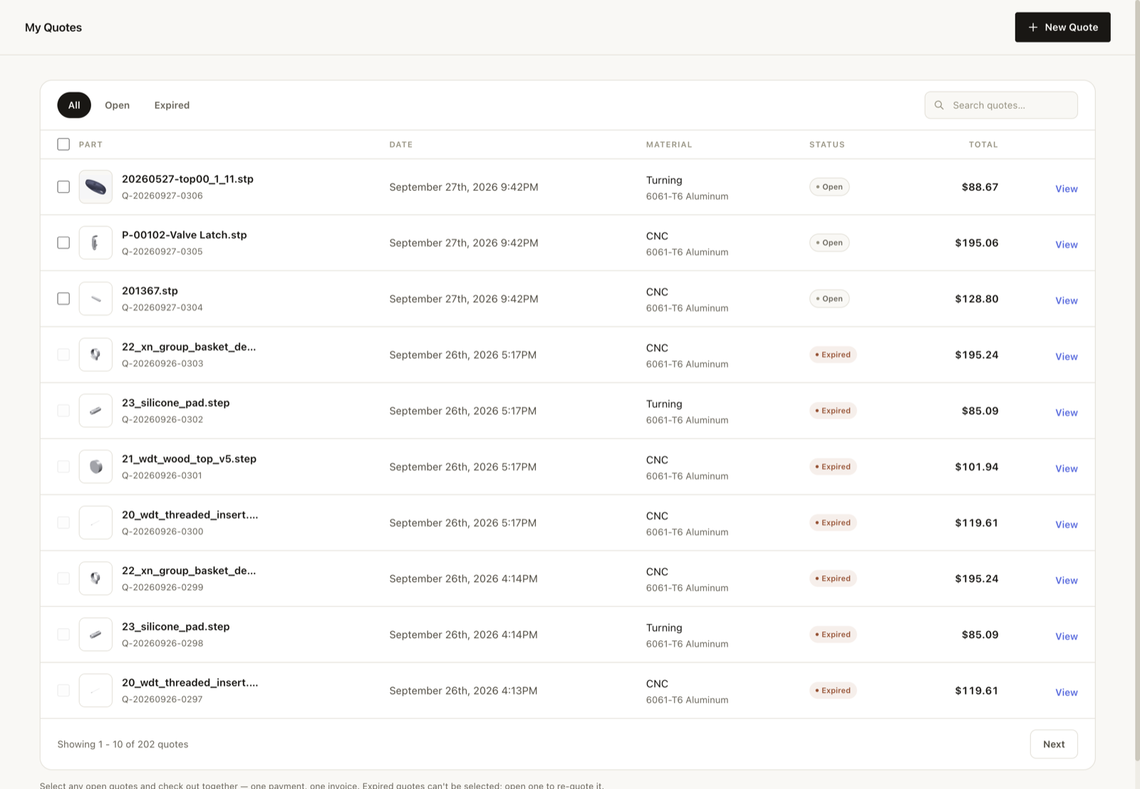 The My Quotes list in the dashboard, with open and expired quotes, status pills and totals