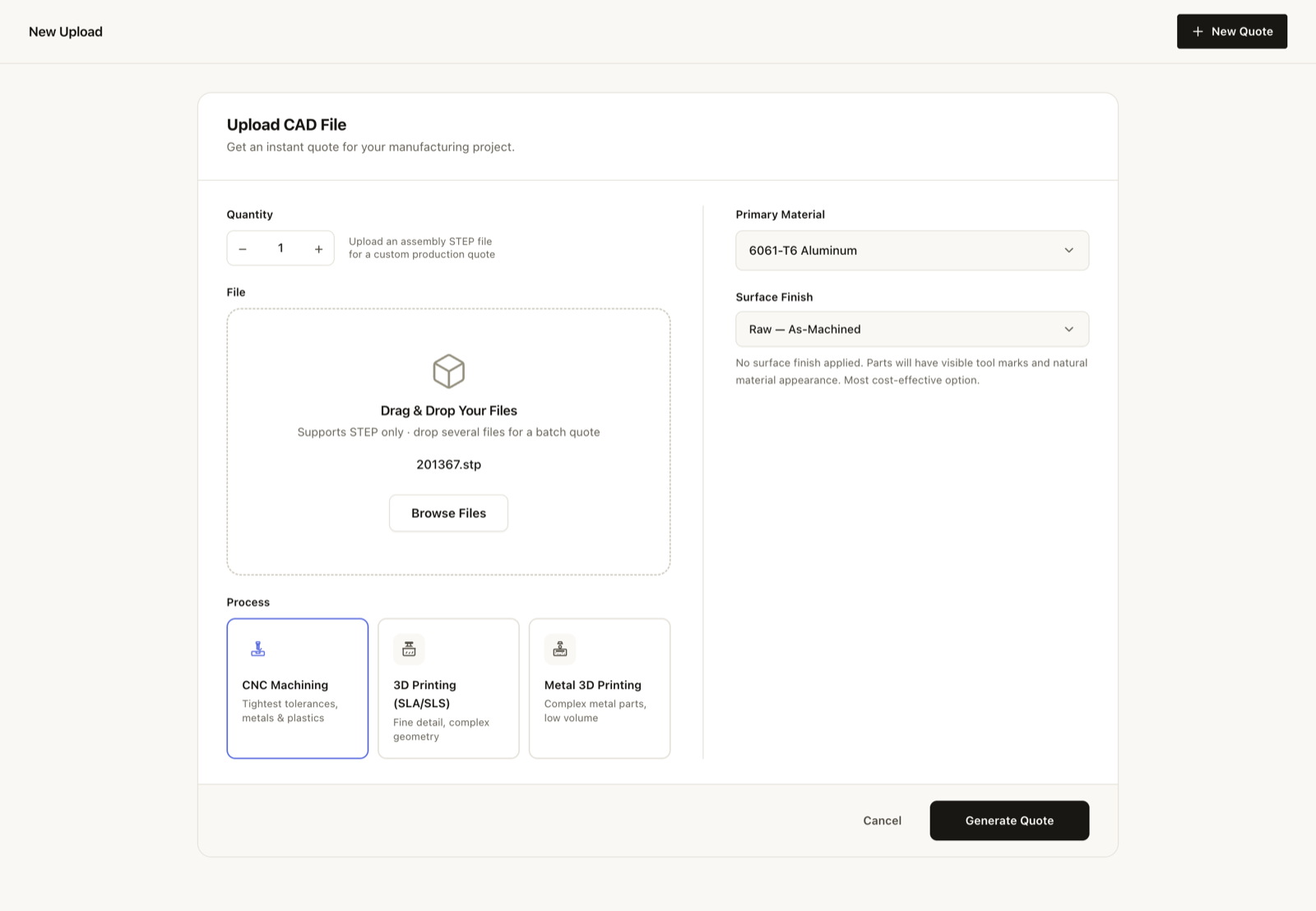 The single-part configuration screen after selecting a STEP file, with process cards, material, finish and quantity